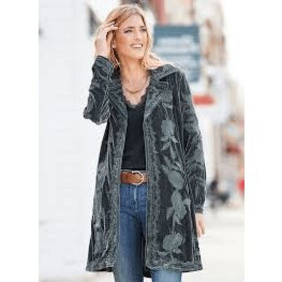 Time for Me Velvet Embroidered Floral Long Sleeve Coat Jacket Blue Large - Picture 1 of 13